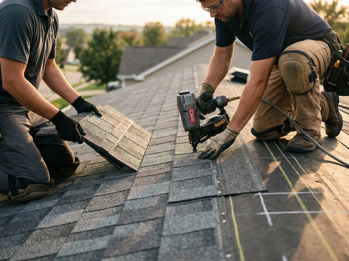 Professional roofer working on a residential roof in Rancho San Diego